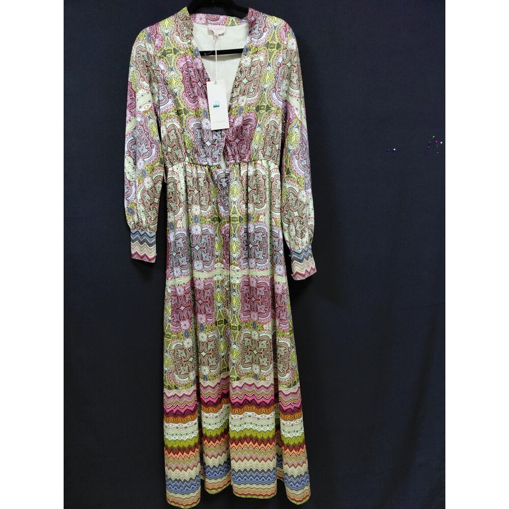 NWT CIEBON Multicolor Maxi Dress Paisley Long Sleeve Women Size XS